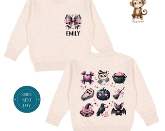 Girls Halloween Front Back Black Pink Sweatshirt | Spooky Girl Personalized Halloween Custom Shirt | Halloween Unique Party Shirt