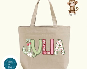 Personalized Cherries Name Zippered XL Tote Bag | Custom Girls Patchwork Cotton Canvas Tote Bag | Overnight Bag | Sports Bag | Hospital Bag