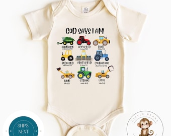 God Says I Am Baby Onesie® | Construction Trucks Baby Onesie® | Cute Baby Shower Gift | Religious Onesie®
