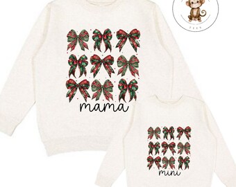 Christmas Plaid Bows Mama Mini Coquette Sweatshirt | Matching Mom Kids Holiday Coquette Tshirt | Cozy Hoodie Toddler Kids Adult
