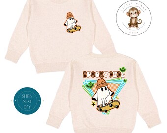 Spooky Dude Halloween Front Back Toddler Sweatshirt | Vintage Natural Heathered Crewneck | Cute Fall Toddler Tshirt