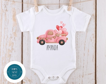 Pink Truck Hearts Personalized Baby Onesie® | Valentine Name Kids Tshirt | Custom Baby Bodysuit | Valentines Day Tee