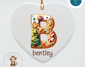 Holiday Cookie Initial Heart Personalized Christmas Ornament | Yearly Name Ornament Kids Gift | Keepsake Holiday Ornament