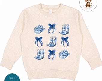 Blue Toile Coquette Cowgirl Kids Sweatshirt | Cute Cowgirl Theme Baby Onesie® | Custom Gifts For Kids | Baby Shower Gift