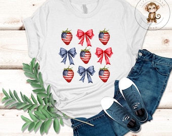 Strawberries Bows 4th of July T-Shirt | Coquette Americana Shirt | Gift for Her | Independence Day Cute Shirt