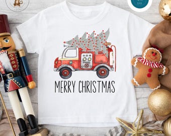 Fire Truck Christmas Tree Holiday Kids Tshirt | Custom Kids Tshirt | Christmas Tee | Fireman Kids Tshirt
