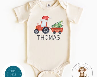 Red Tractor Personalized Christmas Baby Onesie | Custom Natural Kids Tshirt | Cute Christmas Onesie | Holiday Gift | Christmas Name Onesie