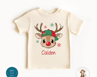 Boys Reindeer Christmas Shirt | Boys Christmas Sweatshirt | Reindeer Holiday Tshirt | Christmas Name Onesie®