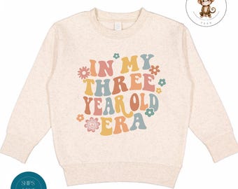 In My Three Year Old Era Retro Toddler Sweatshirt | Birthday Vintage Natural Heathered Crewneck |Girls Third Birthday Toddler Tshirt