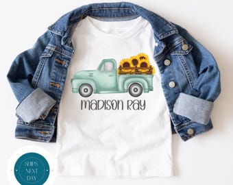 Blue Truck Sunflowers Personalized Tshirt | Fall Pumpkin Kids Tshirt | Fall Cute Onesie®