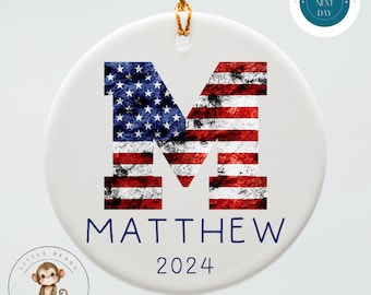 American Flag Initial Personalized Christmas Ornament | Yearly Name Ornament Kids Gift | Keepsake Holiday Ornament