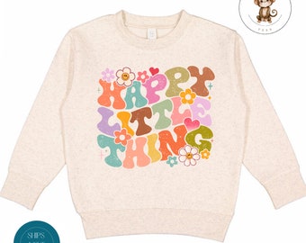 Happy Little Thing Boho Toddler Sweatshirt | Vintage Natural Heathered Crewneck | Retro Cute Toddler Tshirt