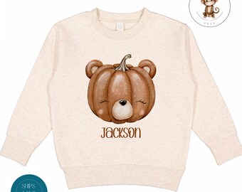 Personalized Bear Pumpkin Toddler Sweatshirt | Cute Fall Thanksgiving Toddler Tshirt | Vintage Natural Heathered Crewneck