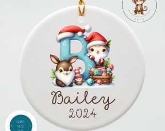 Santa Baby Animal Initial Personalized Christmas Ornament | Yearly Name Ornament Kids Gift | Keepsake Holiday Ornament