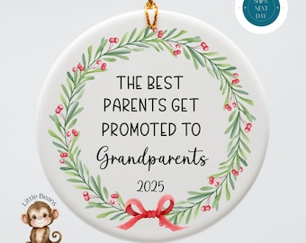 Promoted to Grandparents Christmas Ornament: Baby Reveal Ceramic Gift