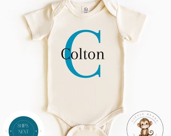 Boy Initial Name Natural Baby Onesie® | Personalized Kids Tshirt | Cute Baby Shower Gift | New Parent Gift