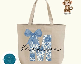 Blue Chinoiserie Initial Name Zippered XL Tote Bag | Custom Personalized Toile Name Cotton Canvas Tote Bag | Bridal Party Favors