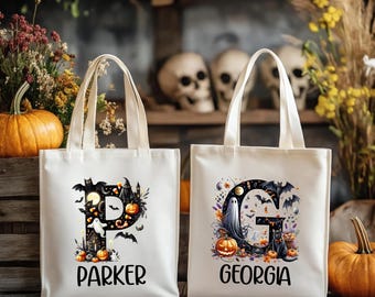 Personalized Spooky Initial Halloween Trick or Treat Tote Bag | Kids Custom Boo Bag
