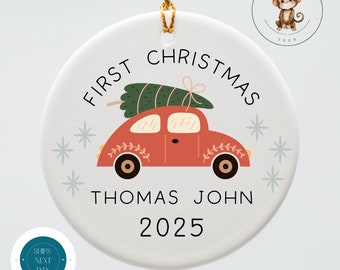 Babys First Red Car Christmas Ornament | Boho Baby Ceramic Ornament | Retro Baby Shower Gift | First Christmas Ornament