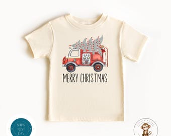 Firetruck Merry Christmas Natural Baby Onesie® | Personalized Kids Tshirt | Cute Christmas Onesie® | Holiday Baby Gift