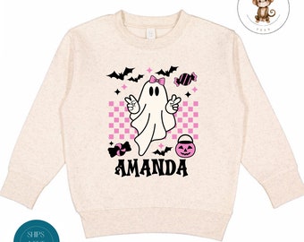 Personalized Pink Ghost Kids Sweatshirt | Fall Name Baby Onesie® | Cute Ghost Kids Halloween Shirt