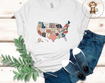 Retro American Map T-Shirt | 4th of July Shirt | Gift for Her | Patchwork July 4th Shirt
