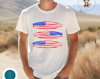 American Flag Surfboard Mens T-Shirt | 4th of July Shirt | Gift for Dad | Dads Birthday