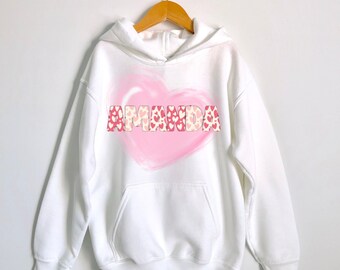 Personalized Kids Valentine Name Watercolor Heart Hoodie | Custom Valentine Kids Sweatshirt | Valentine Kid Gift