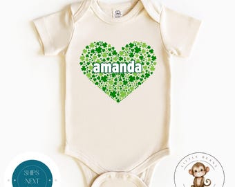 St Patricks Day Shamrock Name Heart Baby Onesie® Natural  | Personalized St Pats Kids Tshirt | Kids Irish Sweatshirt