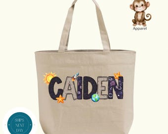 Personalized Space Theme Name Zippered Tote Bag | Custom Outerspace Cotton Canvas Tote Bag | School Sports Overnight Bag