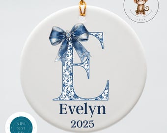 Blue Toile Initial Christmas Ornament: Personalized Keepsake Ornament