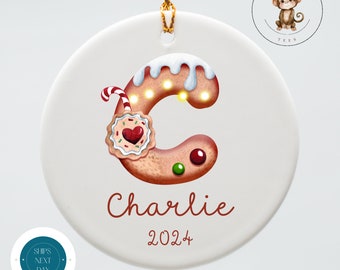 Gingerbread Initial Personalized Christmas Ornament | Yearly Name Ornament Kids Gift | Keepsake Holiday Ornament