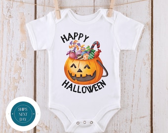 Candy Bucket Happy Halloween Onesie® | Custom Kids Tshirt | Cute Baby Halloween Onesie®