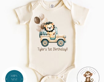 Lion Safari Birthday Baby Onesie® | Personalized Zoo Animal Birthday Kids Shirt | Custom Birthday Party Shirt