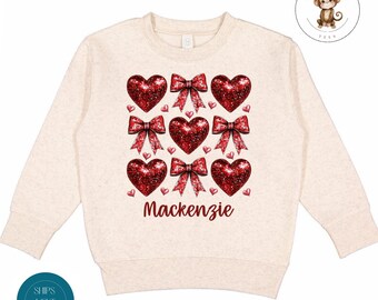 Personalized Coquette Valentine Hearts Kids Sweatshirt | Girly Custom Valentines Day Tshirt | Cute Name Baby Onesie® | Valentine Outfit