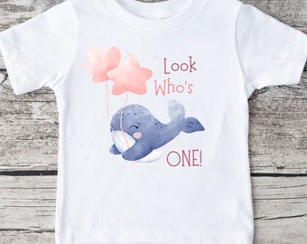 Look Who Is One Birthday Whale Balloons Baby Onesie® | Custom Kids Tshirt | Baby Bodysuit | First Birthday Onesie®
