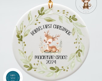 Babys First Christmas Ornament | Boho Baby Deer Ceramic Ornament | Baby Shower Gift | First Christmas Ornament