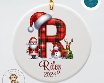 Plaid Sparkle Santa Initial Personalized Christmas Tree Ornament | Yearly Name Ornament Kids Gift | Keepsake Holiday Ornament