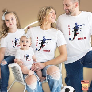 Matching family US Soccer sports fan tee, Custom city name jersey, Fathers Day sports and fitness outfit, Soccer team summer crewneck shirts White