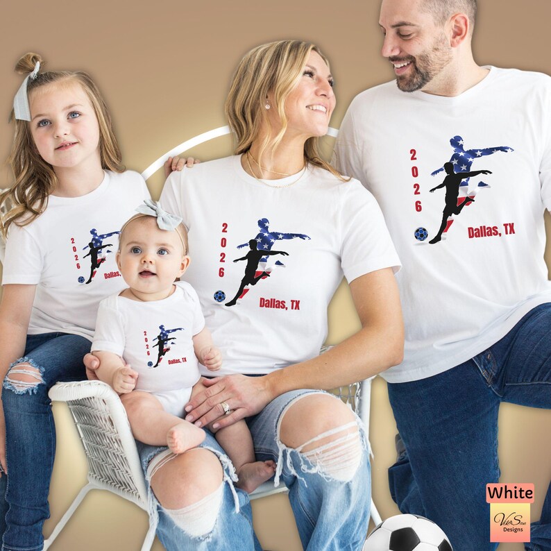 Matching family US Soccer sports fan tee, Custom city name jersey, Fathers Day sports and fitness outfit, Soccer team summer crewneck shirts White