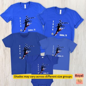 Matching family US Soccer sports fan tee, Custom city name jersey, Fathers Day sports and fitness outfit, Soccer team summer crewneck shirts Royal/Blue