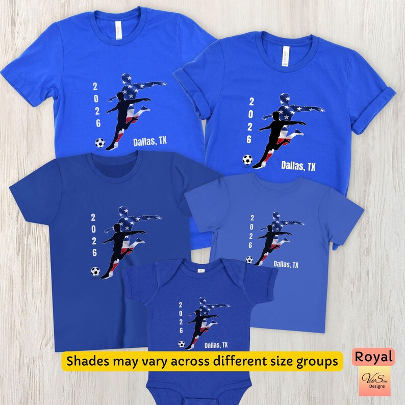 Matching family US Soccer sports fan tee, Custom city name jersey, Fathers Day sports and fitness outfit, Soccer team summer crewneck shirts Royal/Blue