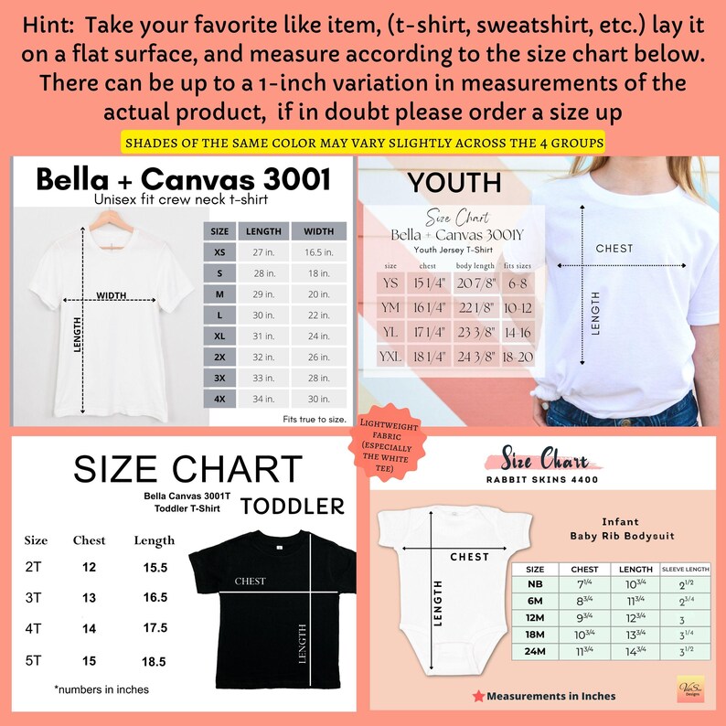 May include: Size charts for various t-shirts and bodysuits, including Bella + Canvas 3001, Youth Jersey, Toddler T-Shirt, and Infant Baby Rib Bodysuit. Charts show measurements in inches for chest, length, and sleeve length.