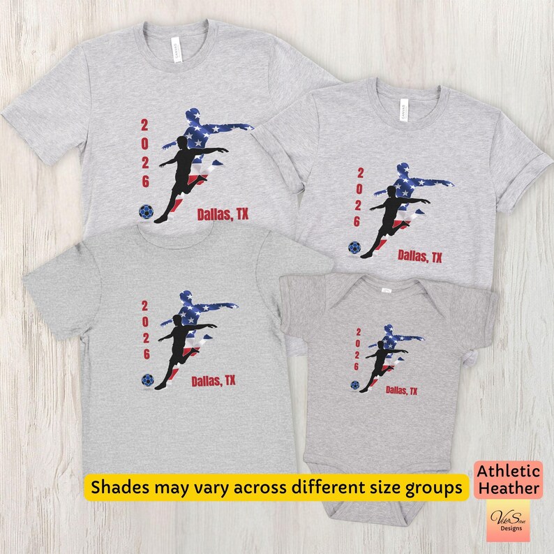 Matching family US Soccer sports fan tee, Custom city name jersey, Fathers Day sports and fitness outfit, Soccer team summer crewneck shirts Athletic Heather