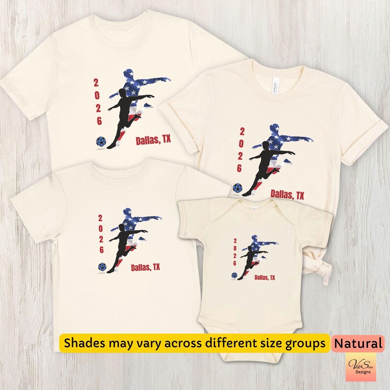 Matching family US Soccer sports fan tee, Custom city name jersey, Fathers Day sports and fitness outfit, Soccer team summer crewneck shirts Natural