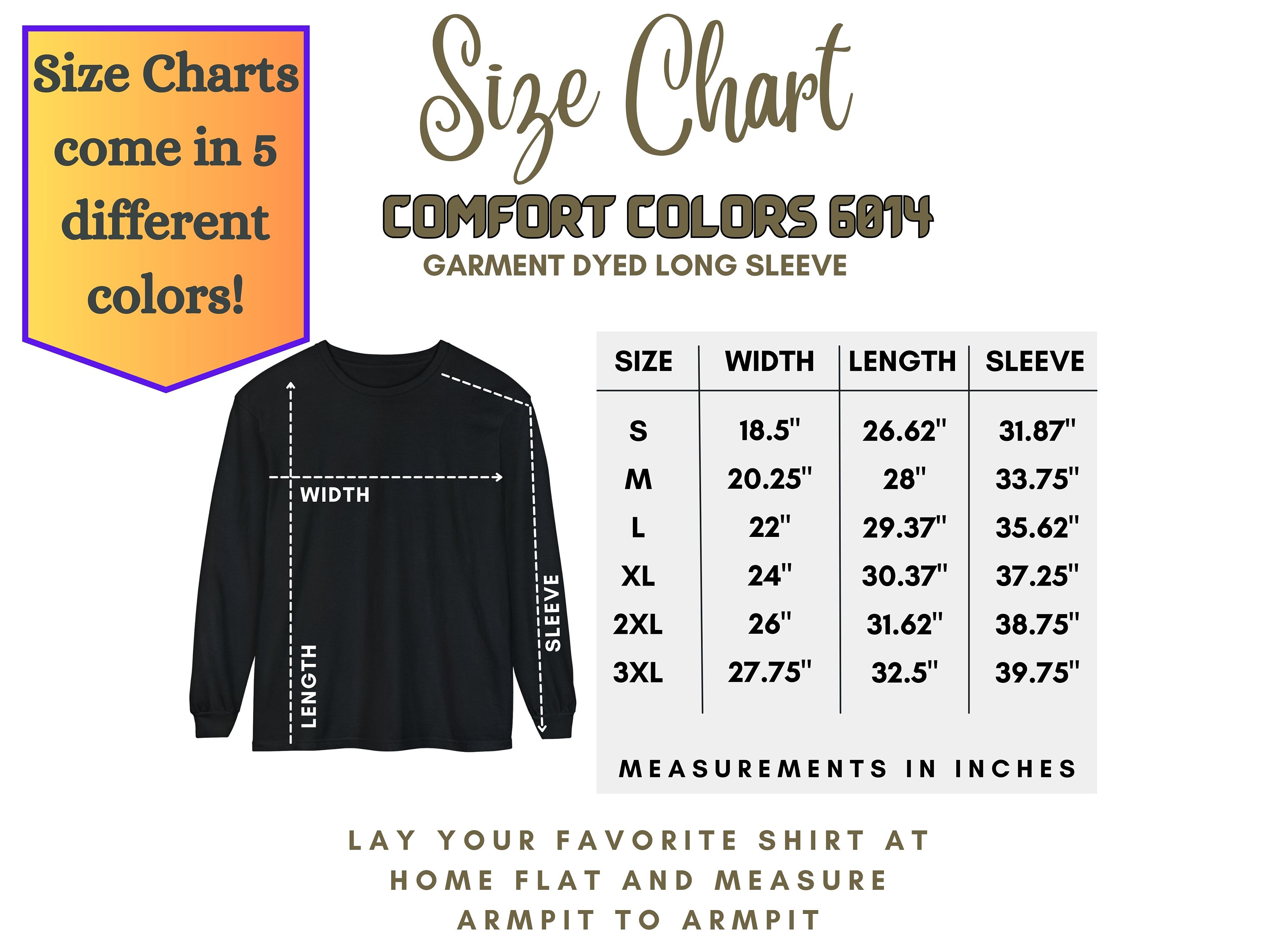 Comfort Colors 6014 Size Chart, Size Chart Mockup, Unisex Size