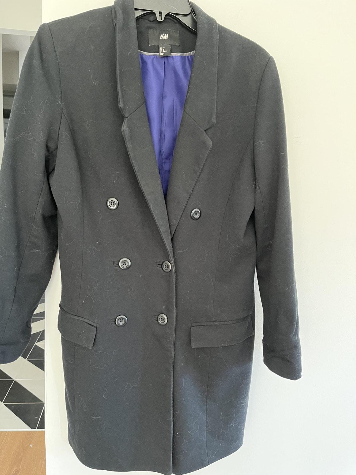 H&M Vtg Y2K Womens L Double Breasted Navy Long Blazer Jacket