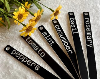 Black Acrylic Garden Markers and Plant Labels Personalized Gardening Stakes Custom Herb Markers Vegetable Gift Mom Outside Decor or Inside