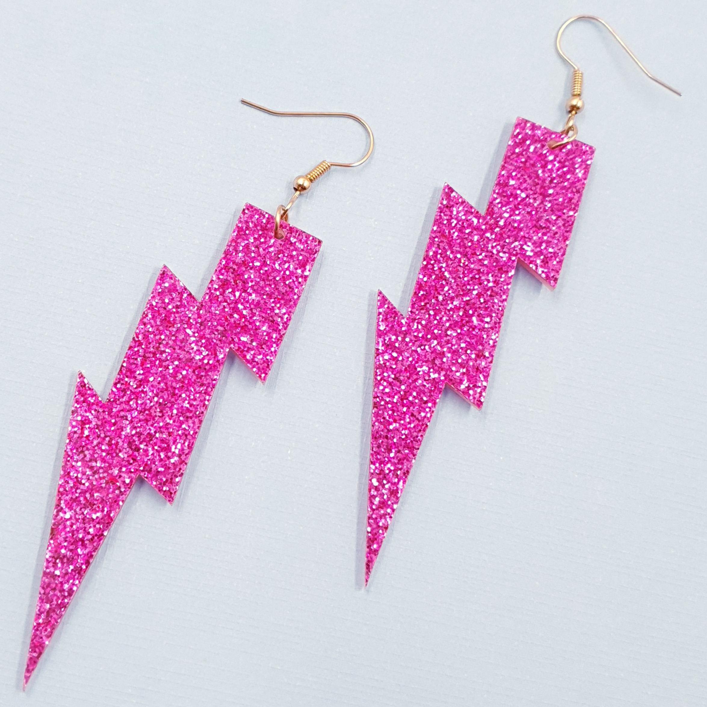 Lightning Bolt Glitter Earrings - Hot Pink - Etsy display picture 3