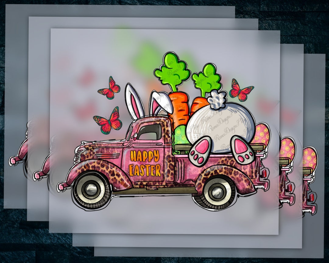 Easter Bunny Heat Transfer Design, Ready to Press DTF Easter Truck, Pink Easter Bunny DTF